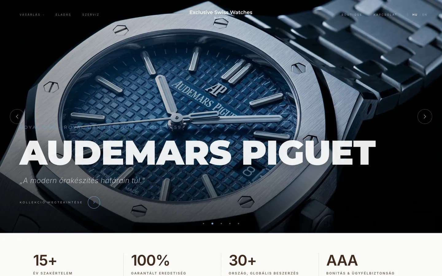 Exclusive Swiss Watches, Luxusóra-oldal valós idejű Shopify-szinkronnal + szerviz időpontfoglalás